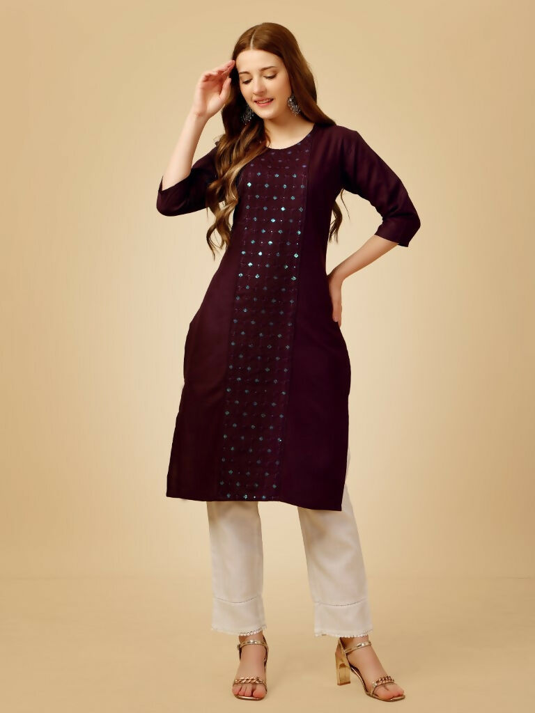 Jyoti Fashion Women's Wine Cotton Blend Embroidered Kurta Pant Set | Grocsy