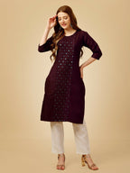 Jyoti Fashion Women's Wine Cotton Blend Embroidered Kurta Pant Set | Grocsy
