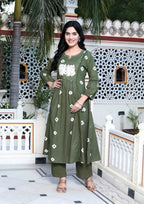 Miravan Women's Moti And Chikan Embroidered Bandhani Printed A-Line Mehandi Kurta Palazzo Set | Grocsy