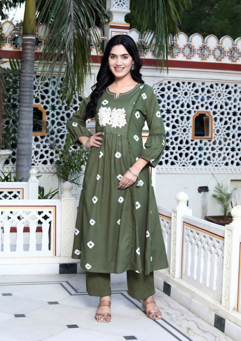 Miravan Women's Moti And Chikan Embroidered Bandhani Printed A-Line Mehandi Kurta Palazzo Set | Grocsy