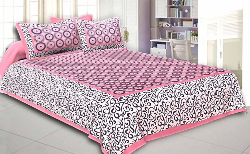 Vamika Printed Cotton Pink & Multicolor Latest Design Bedsheet With Pillow Covers (LEOC_CHKR_P) | Grocsy
