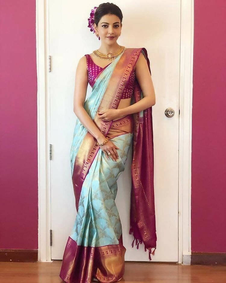 DEIANA'S Beautiful Designer Golden zari Soft Lichi Silk Saree - Sky | Grocsy