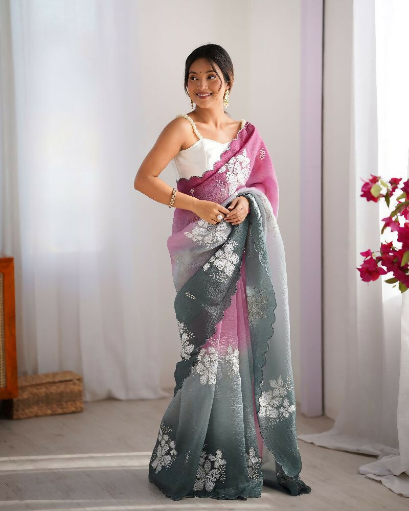 Wine and Green Crunchy Crush Pedding Color Embroidery Work Party Wear Saree - Zuleika | Grocsy