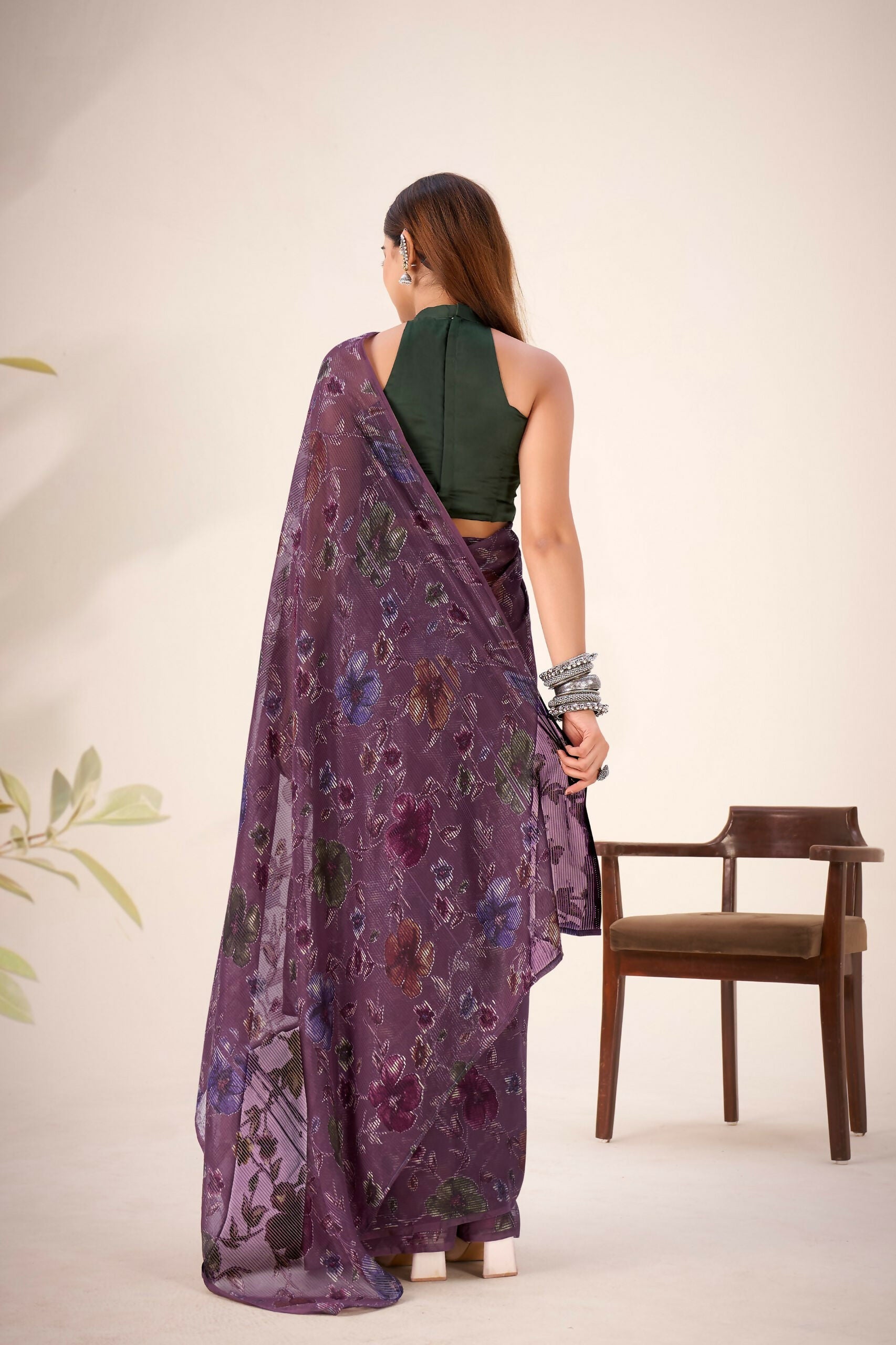 Vastranavya Wine Lurex Brasso Floral Printed Saree with Unstitched Blouse | Grocsy