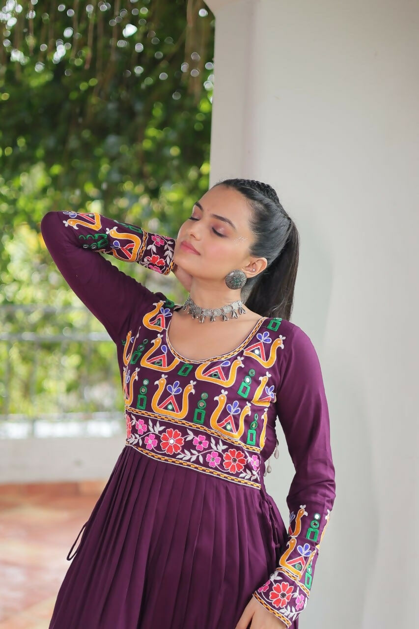 Vastranavya Wine Pink Navratri Special Rayon Kutchi Gamthi Work Kurti | Grocsy