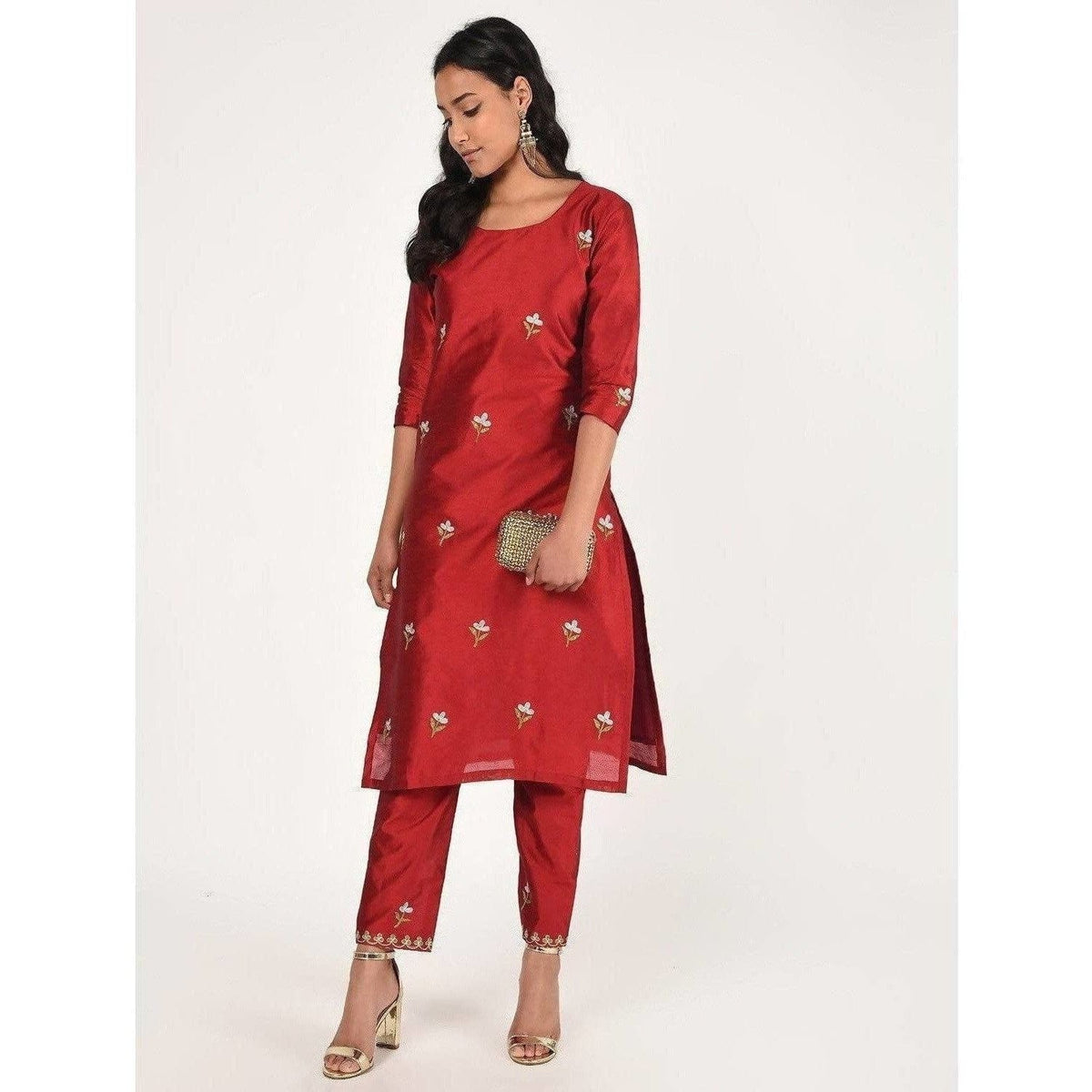 Cheera Women's Beautiful Hand Embroidered Motif All-Over Straight Silk Kurta (CH070K) | Grocsy