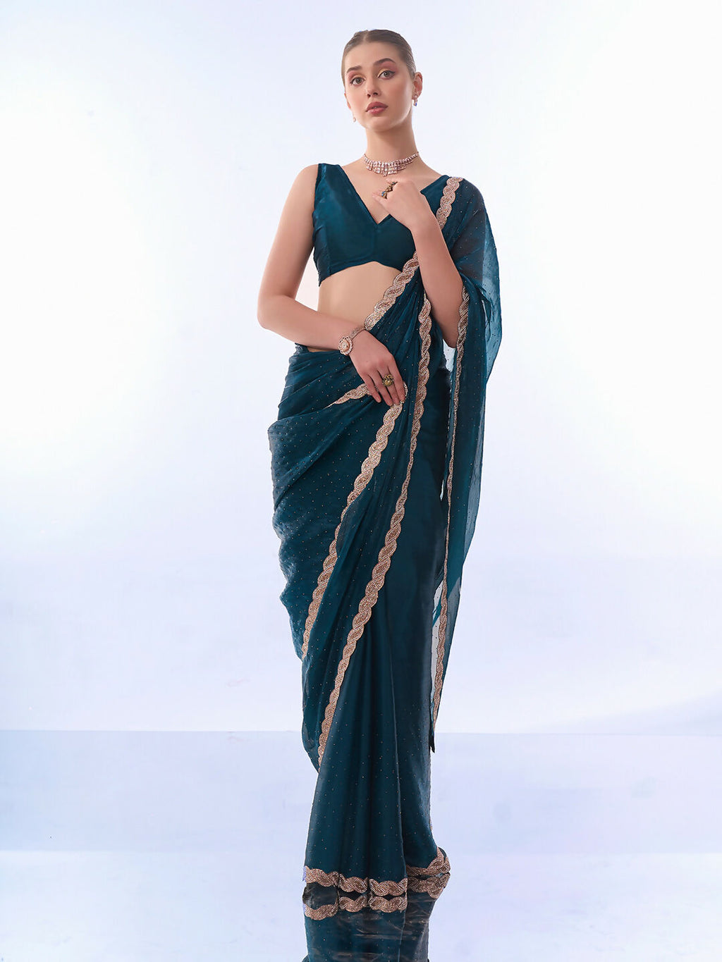 Teal Blue Burburry Designer Work Lace Border & Swarovski Work Saree - Orchid | Grocsy