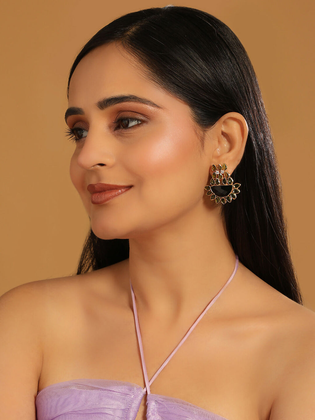 Nuyug 22K Gold Plated Dark Crystal Studded Contemporary Floral Shaped Stud Earrings | Grocsy