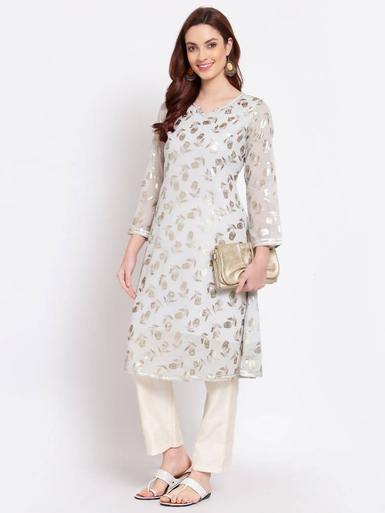 Myshka Women's Grey Printed Georgette 3/4 Sleeve Round Neck Casual Kurta | Grocsy
