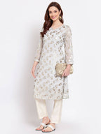 Myshka Women's Grey Printed Georgette 3/4 Sleeve Round Neck Casual Kurta | Grocsy