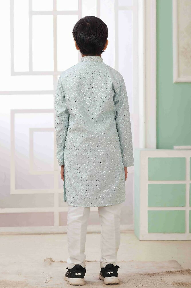 Raivat Ethnic Art Silk Embroidery Work Kids Kurta Pajama In Mint Green Colour | Grocsy