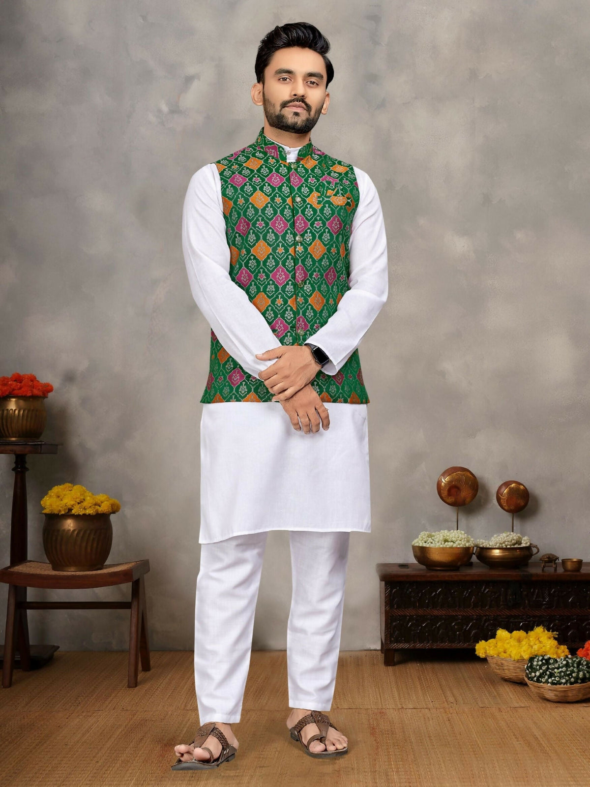 Anaita Green Cotton Straight Kurta Pajama & Kurta With Jequard Work | Grocsy