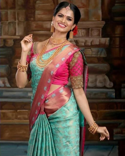 DEIANA'S Beautiful Designer Golden zari Soft Lichi Silk Saree - Sky | Grocsy