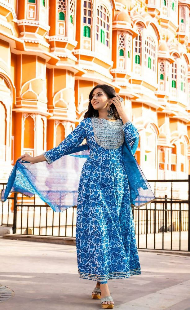 Yufta Women Blue Printed Pure Cotton Anarkali Kurta with Trouser & With Dupatta | Grocsy