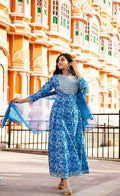 Yufta Women Blue Printed Pure Cotton Anarkali Kurta with Trouser & With Dupatta | Grocsy
