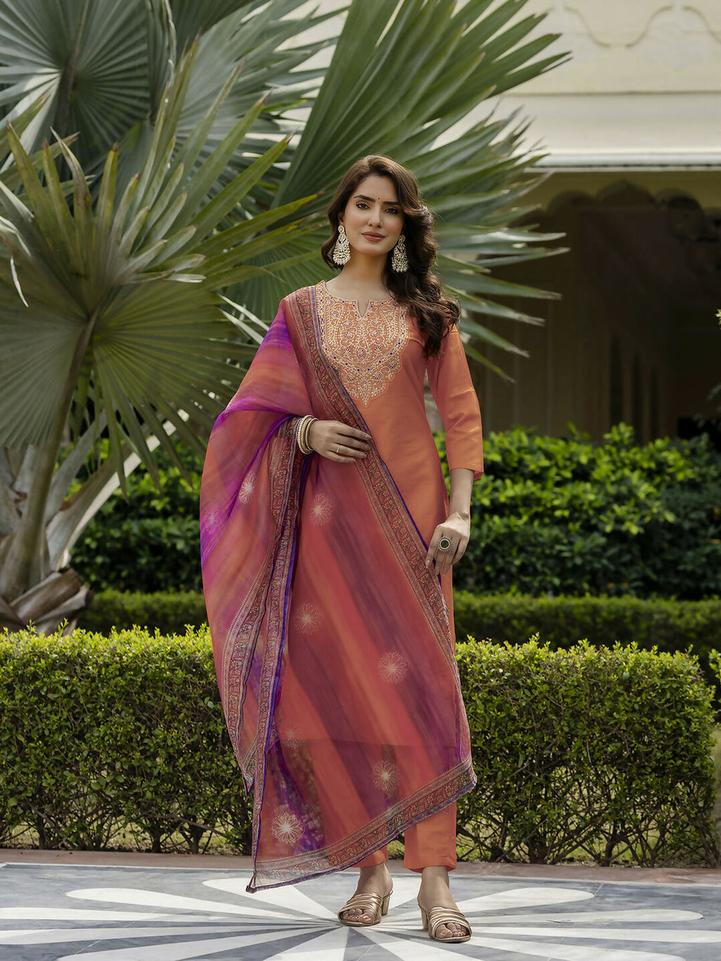 The52 Orange Women's Gorgeous Embroidered Rayon Fabric with Straight Kurta, Pant and Dupatta Set | Grocsy