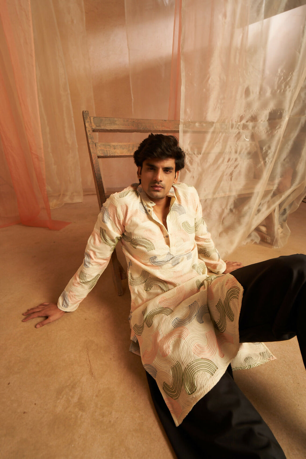Cream Linen Designer Embroidery Work Men's Kurta Set - Mahotsav | Grocsy