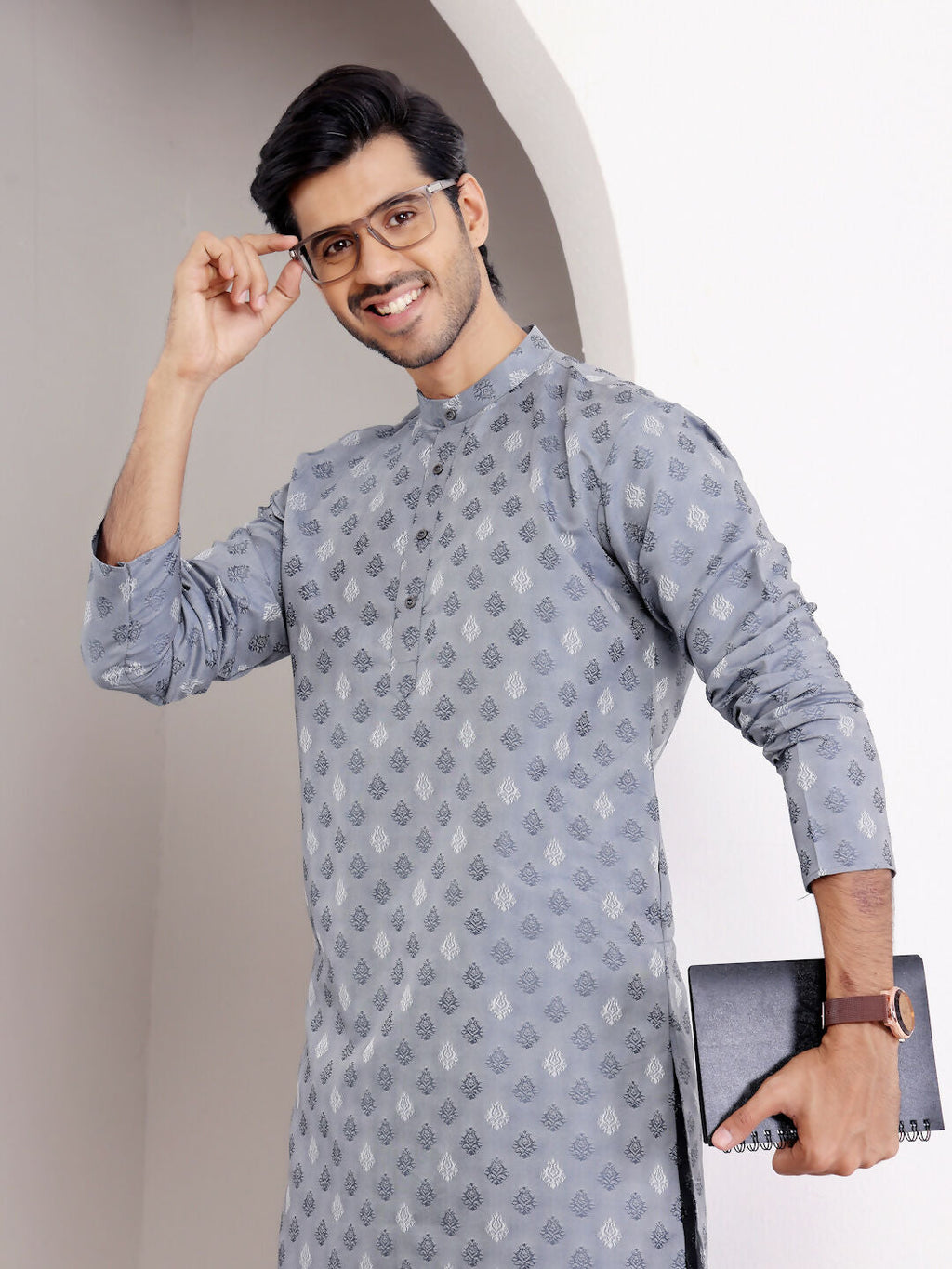 Blue Viscose Woven Jacquard Work Men's Kurta - Mahotsav | Grocsy