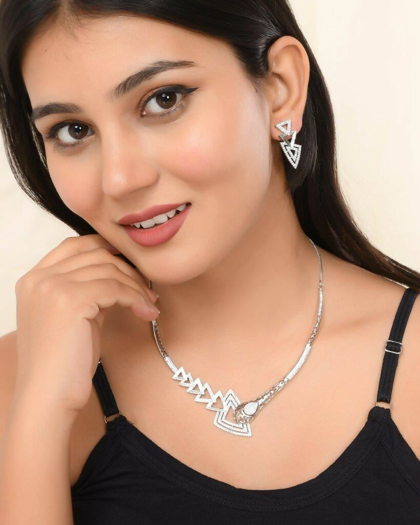 VOJ Silver Plated AD Studded Designer Handcrafted Jewellery Set | Grocsy