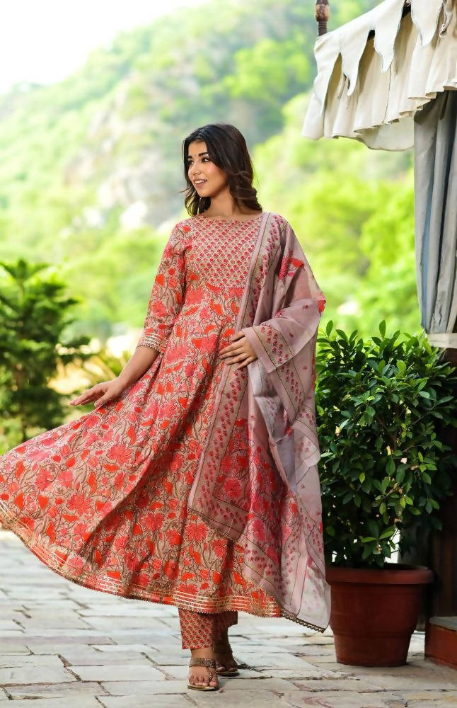 Yufta Women Red Floral Yoke Design Regular Aari Work Pure Cotton Kurta with Trouser & With Dupatta | Grocsy