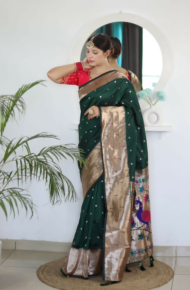 Green Woven Jacquard Designer Embroidery Work Party Wear Saree - Parampara | Grocsy