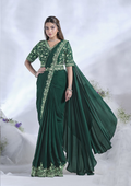 Green Crepe Satin Silk Designer Ready to wear saree with stithced Blouse - Mohmanthan Aura | Grocsy
