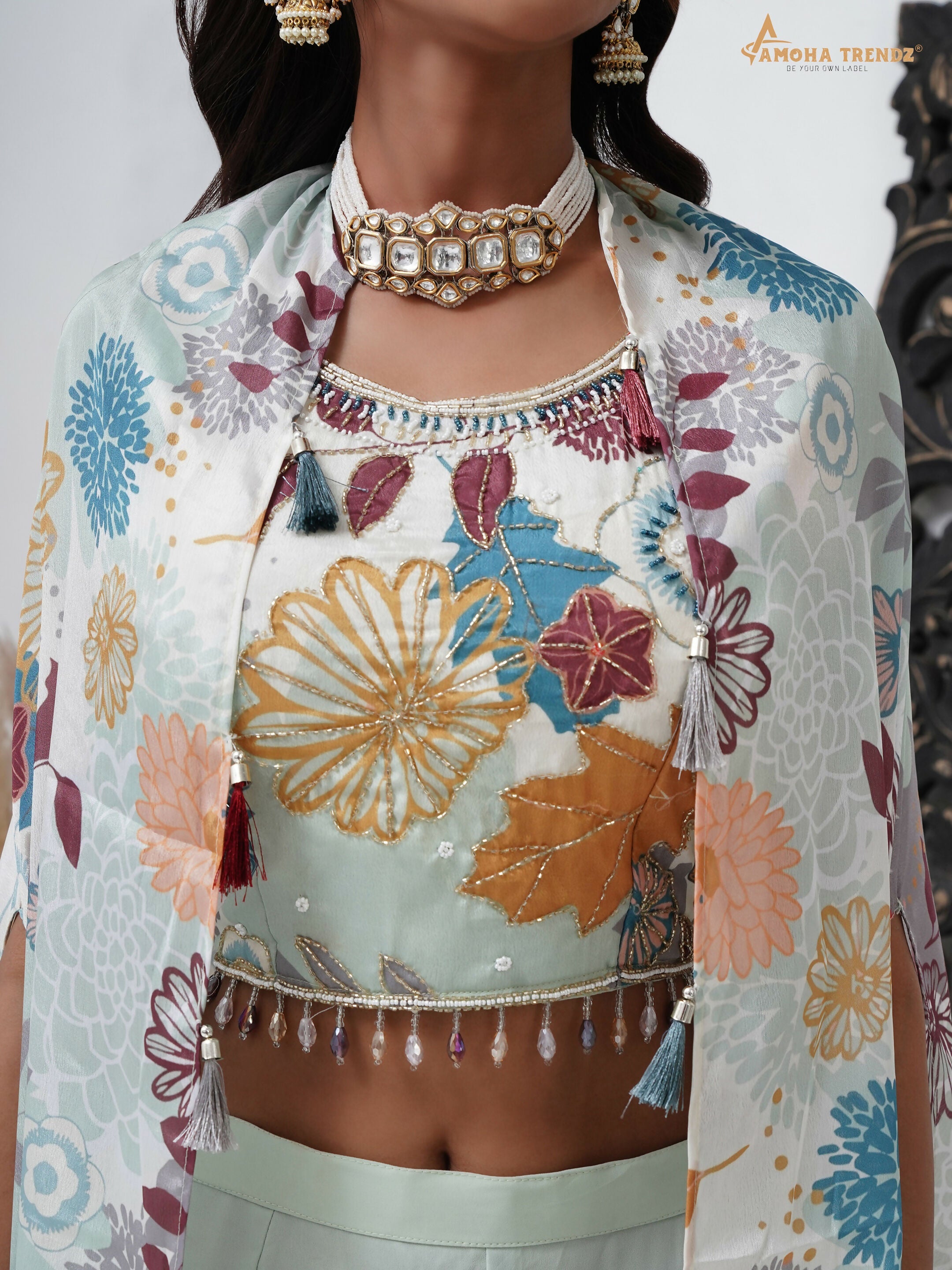 Sea Green Digital Chinon Handwork Top with Palazzo & Shrug - Naomika | Grocsy