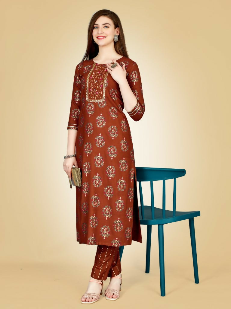 Jyoti Fashion Women's Rust Viscose Rayon Embroidered Kurta Pant Set | Grocsy