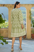 Juniper Women's Green Rayon Floral Printed Short Tiered Dress | Grocsy