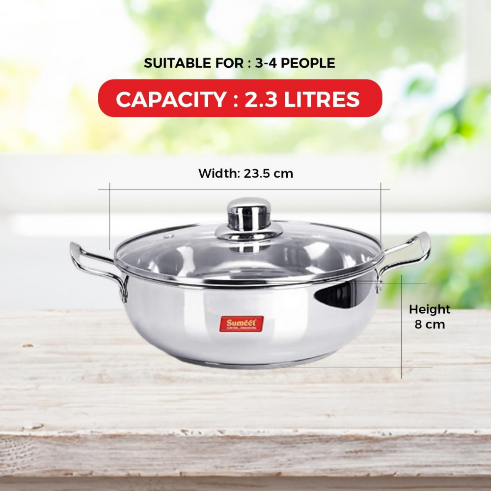 Sumeet Stainless Steel Induction Bottom Kadhai with Glass Lid | Grocsy