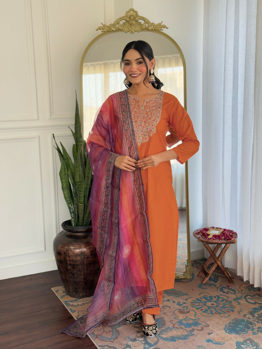 The52 Orange Women's Gorgeous Embroidered Rayon Fabric with Straight Kurta, Pant and Dupatta Set | Grocsy