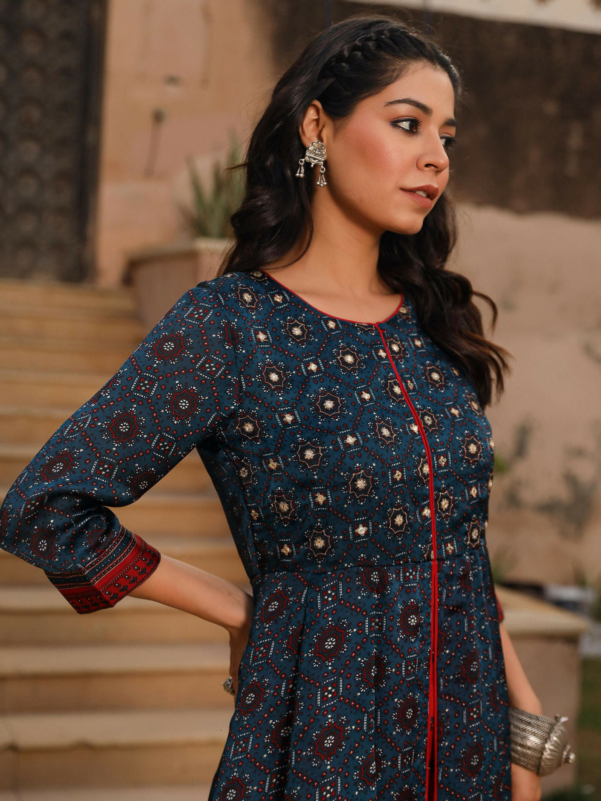 Juniper Women's The Chitrahar Blue Ethnic Motif Printed Cotton Dress With Mirror Work | Grocsy