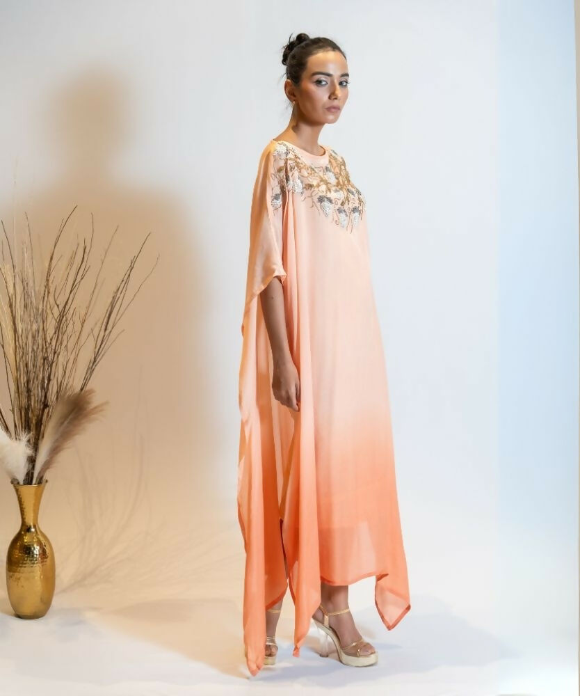 Timaraa Coral Peach Ombre Embellished Kaftan Dress | Grocsy