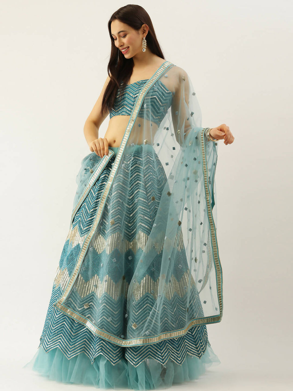 House of Panchhi Women Sea Green Net Zig-Zag Embroideried Lehenga, Blouse & Dupatta | Grocsy