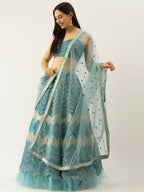 House of Panchhi Women Sea Green Net Zig-Zag Embroideried Lehenga, Blouse & Dupatta | Grocsy
