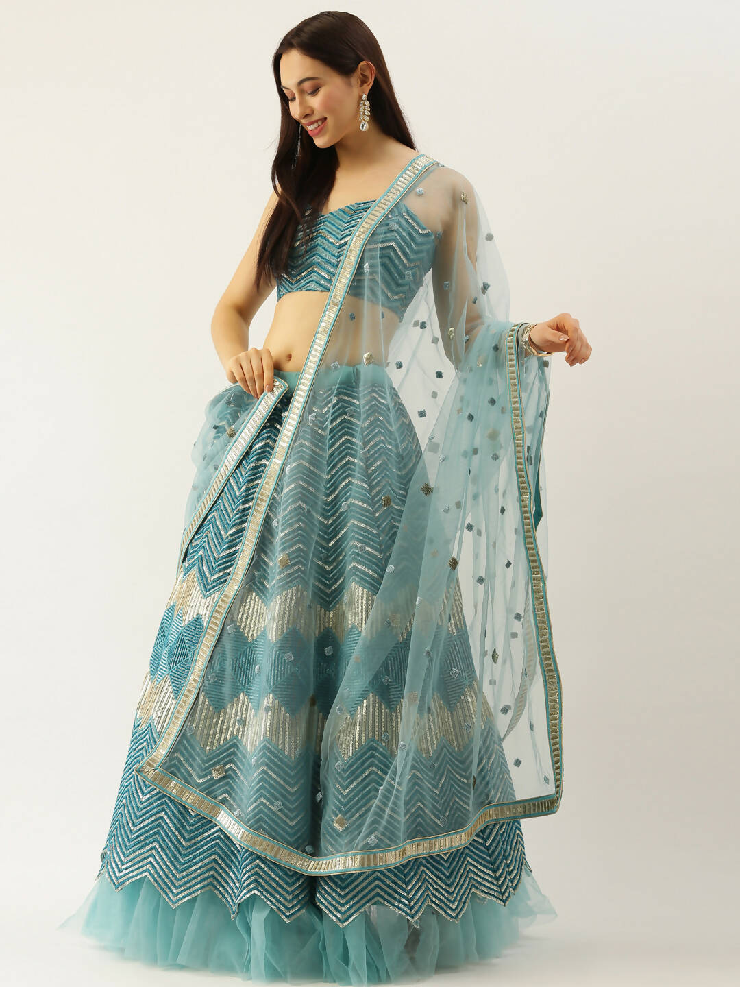 House of Panchhi Women Sea Green Net Zig-Zag Embroideried Lehenga, Blouse & Dupatta | Grocsy