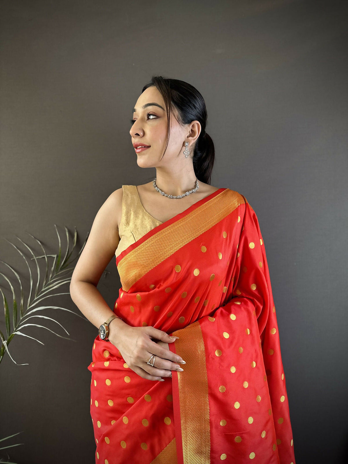 Joban Fashion Red Polka Dot Lichi Silk Paithani Silk Saree | Grocsy