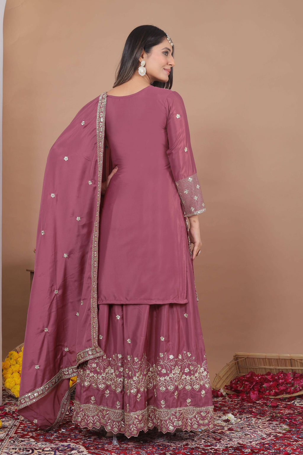 Lehenga Mart Designer Sharara Suit With Kurta, Sharara, Dupatta For Women-Mauve | Grocsy