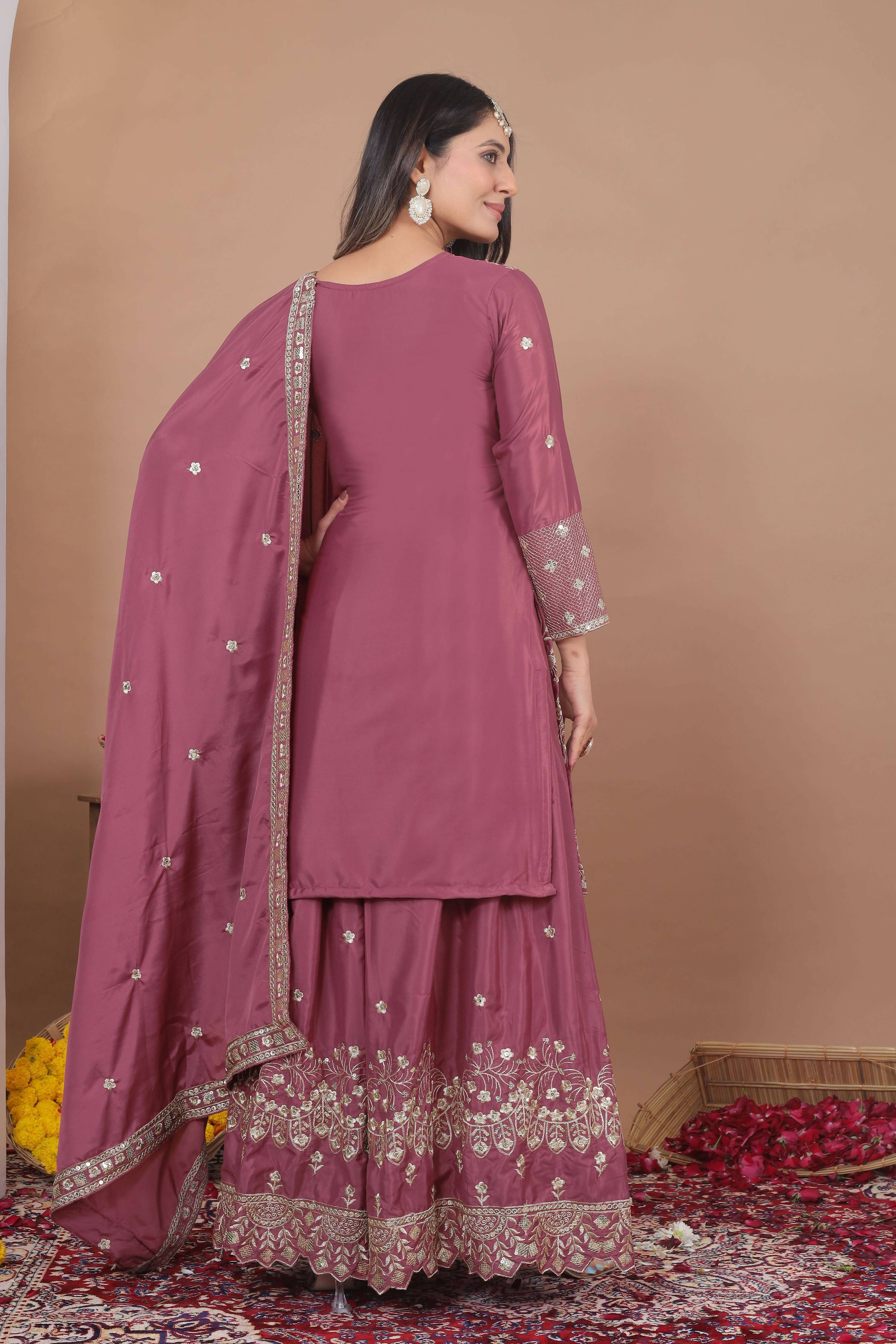 Lehenga Mart Designer Sharara Suit With Kurta, Sharara, Dupatta For Women-Mauve | Grocsy