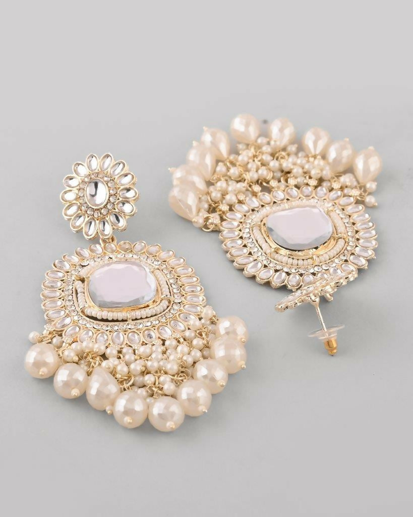 VOJ Gold-Polished Kundan And Stone Studded Drop Earrings
