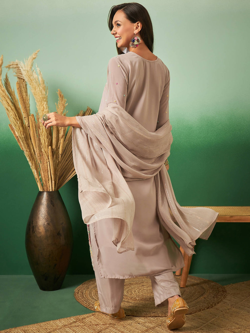 Light Brown Georgette Handwork Unstitched Dress Material - Hanika | Grocsy
