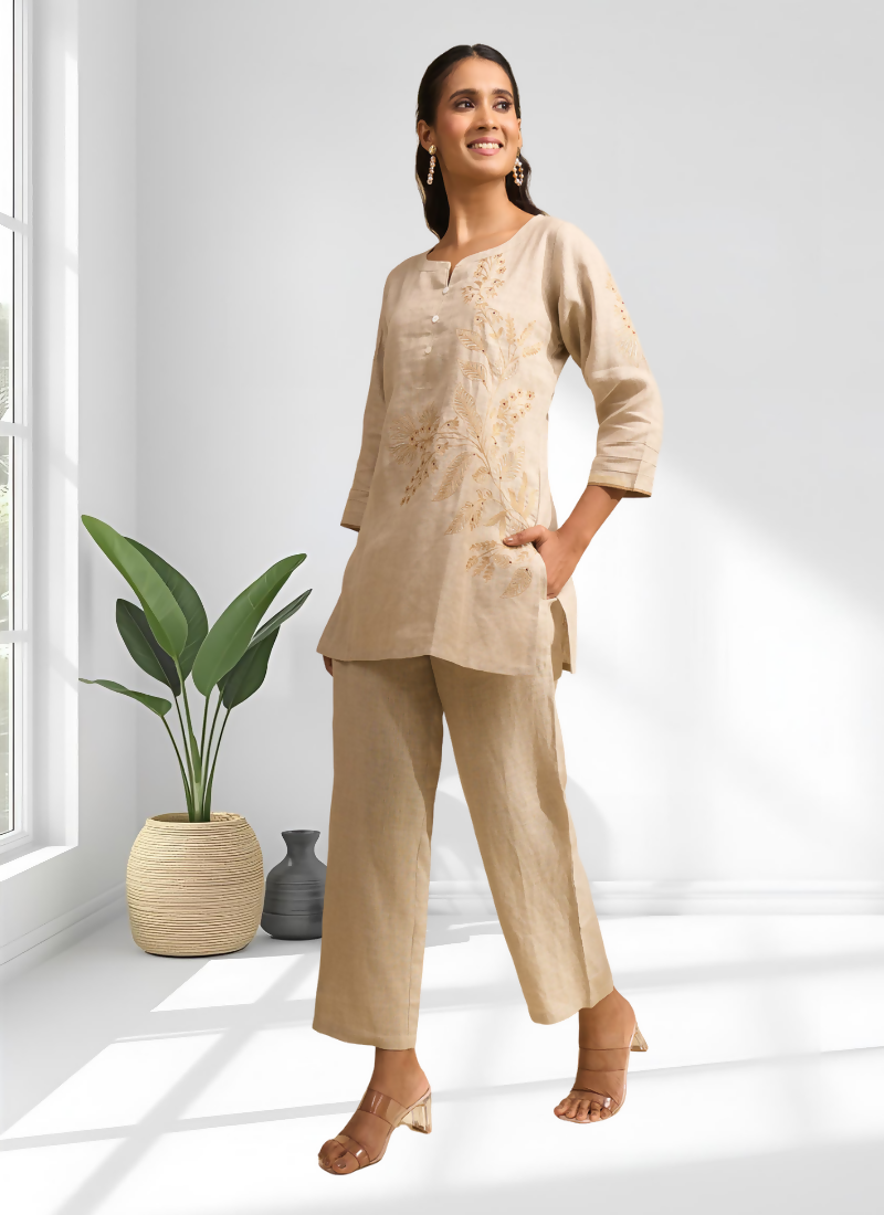 Joban Fashion Beige Linen Embroidered Readymade Cord Set | Grocsy