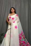 Exclusive Collection Beautiful White Pink Pure Cotton Hand Print Handloom Saree With Running Blouse Piece | Grocsy
