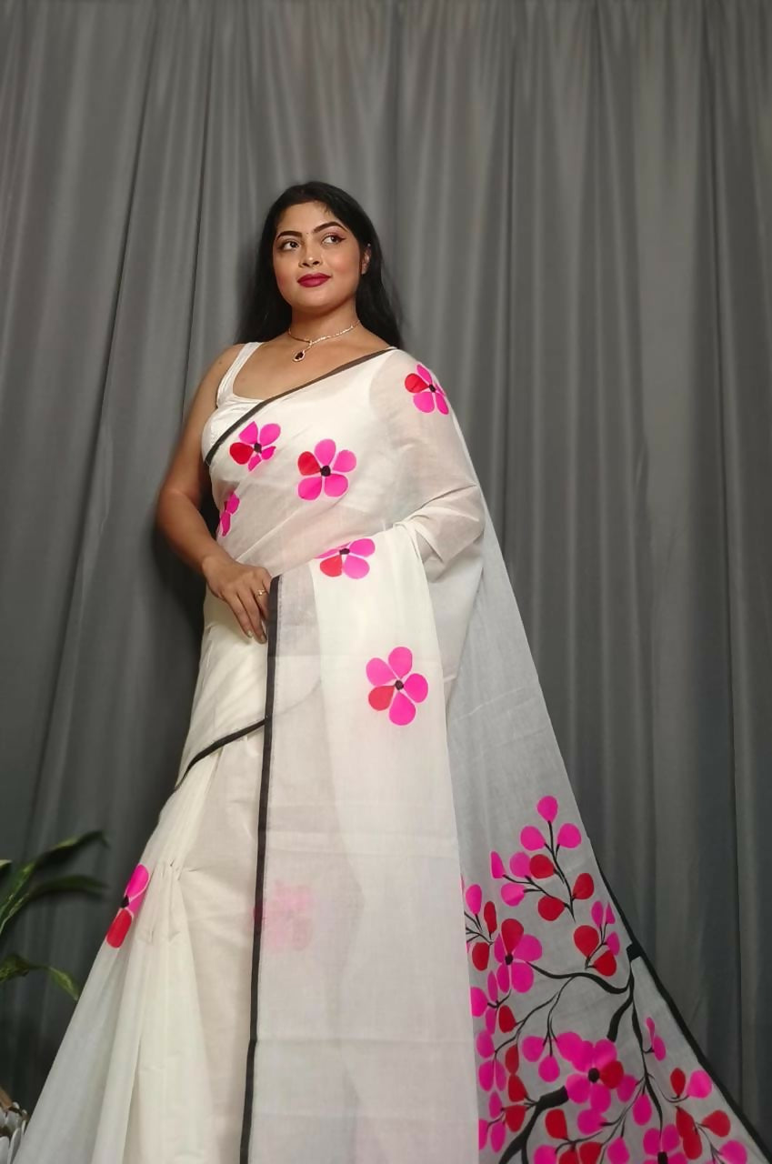 Exclusive Collection Beautiful White Pink Pure Cotton Hand Print Handloom Saree With Running Blouse Piece | Grocsy