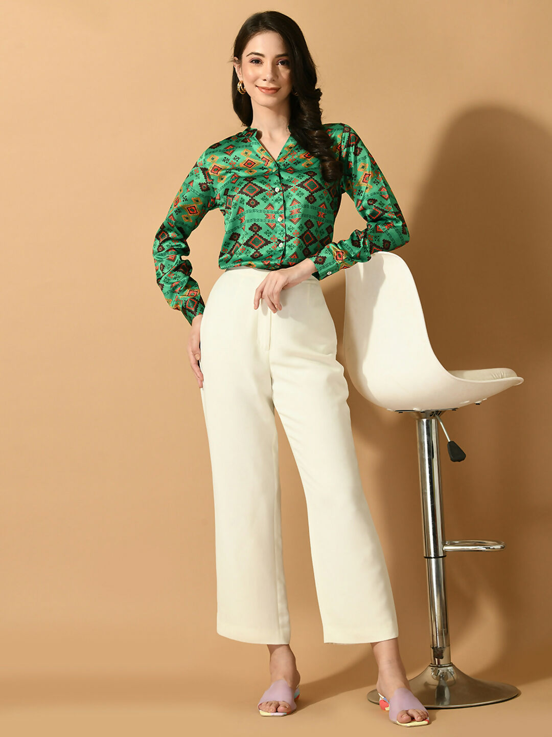 Myshka Women's Multi Satin Printed Smart Shirt | Grocsy