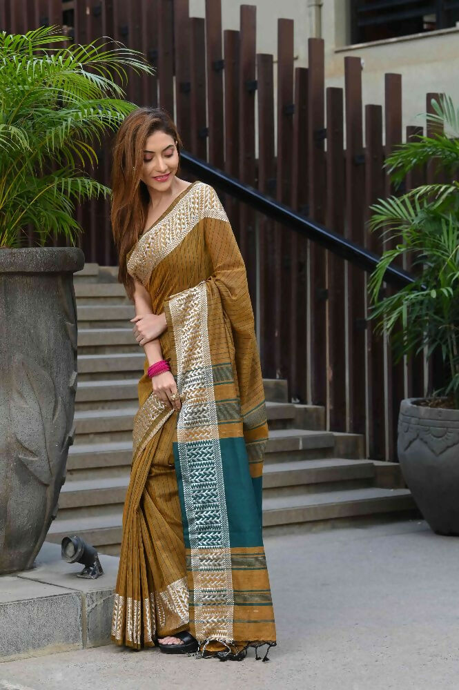 Beatitude Mustard Cotton Jacquard Border Tangail Handloom Saree | Grocsy