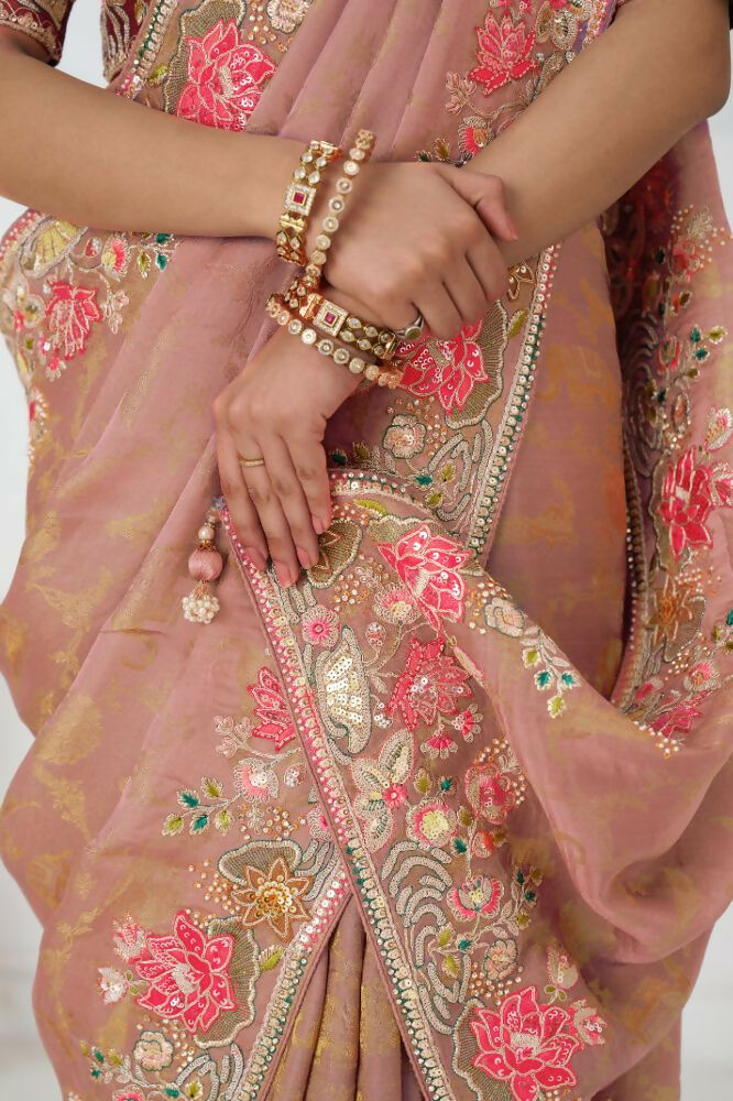 Kesar Fab Pretty Peach: Multicolor Embroidery With Blooming Floral Designs Saree | Grocsy