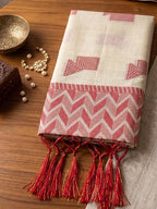 Shree Shyam Fashion Cream Woven Work Linen Fabric Daily Wear Saree With Blouse | Grocsy
