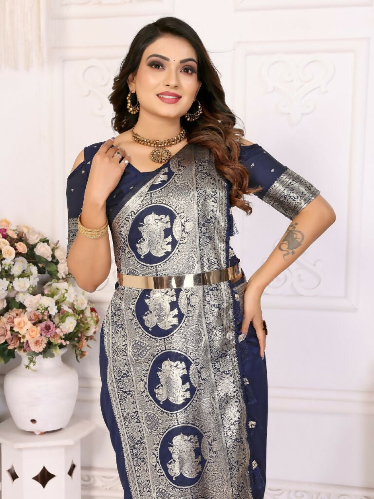 Anaita Navy Blue Banarasi Silk With Beautiful Gala Weaving Saree With Blouse | Grocsy