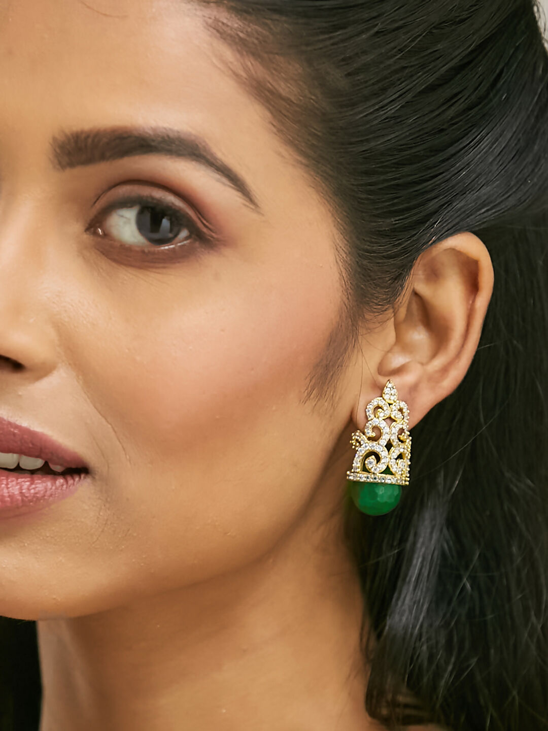 Nuyug 22K Gold-Plated Green Gemstone & Zircon Studded Contemporary Filigree Motif Studs | Grocsy
